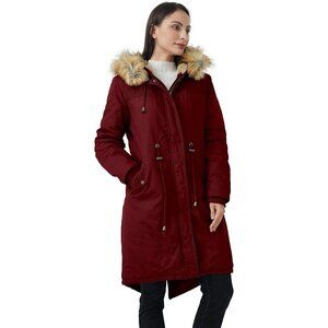 Women's Dark Red Fluffy Fur Lined Long Sleeve Hooded Vest Jacket Coat Warm
